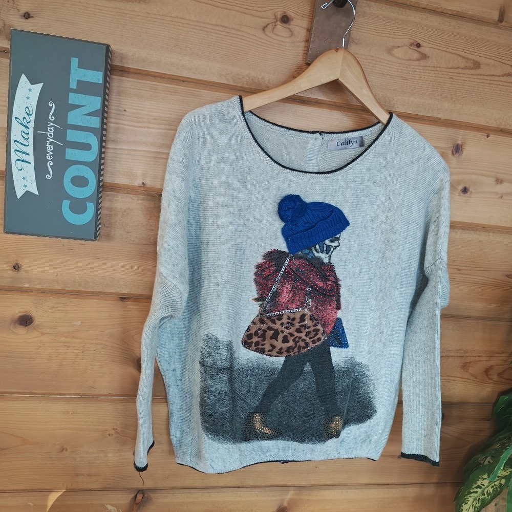 Large? Seriously Unique Sempre Sweater Italy Embezzled Rhinestone Grey Caitlyn